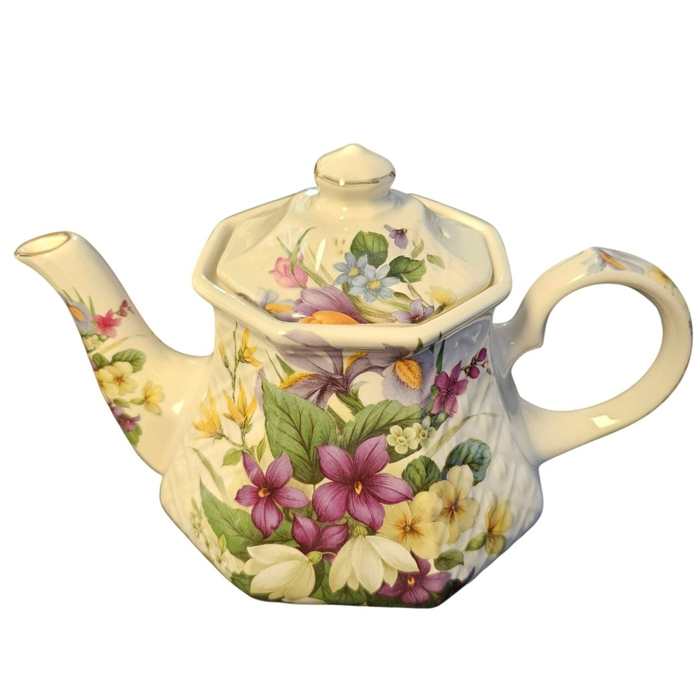 Sadler England Floral Teapot Hexagonal Bone China Purple Pansy Iris Gold Trim